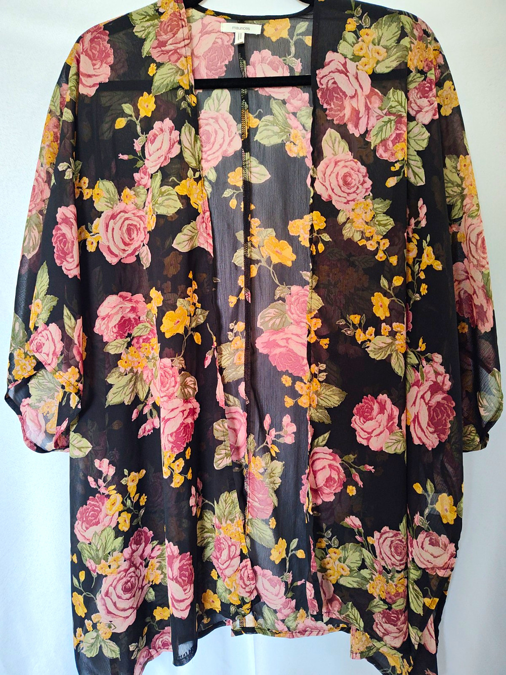 Maurices One Size Black Sheer Chiffon Floral Open Front 3/4 Sleeve Kimono